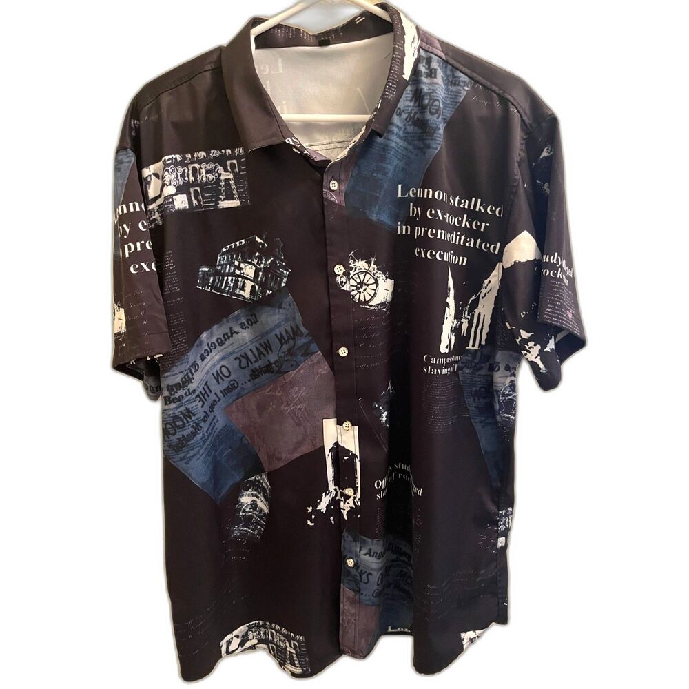 Vintage Style Newspaper Print L Button-Up Shirt – Lennon Graphic, Black & Blue